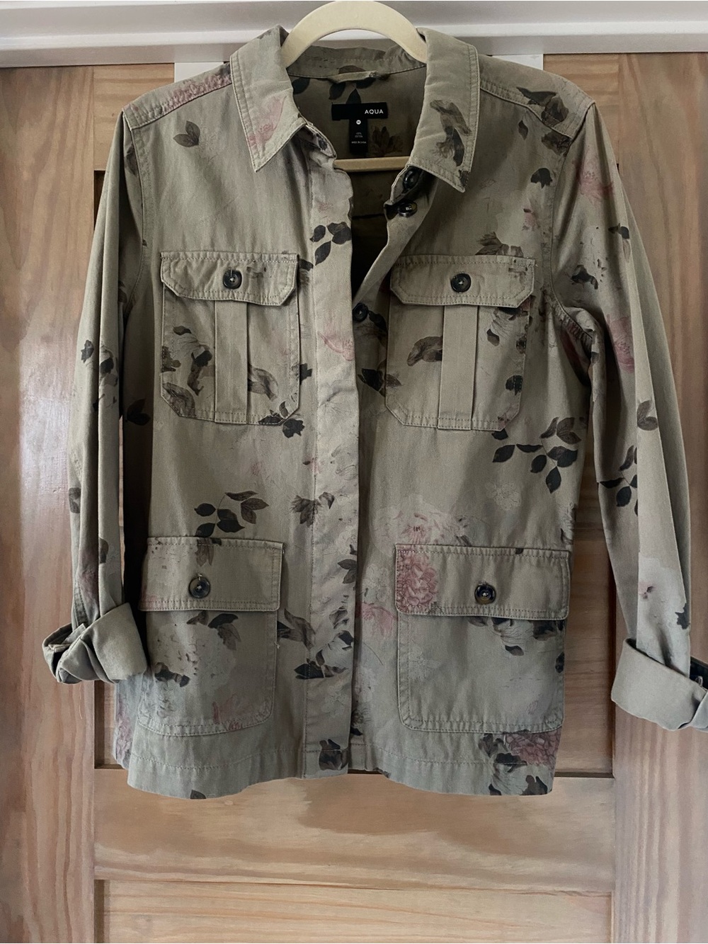 Aqua Olive Green Floral-Print Utility Jacket